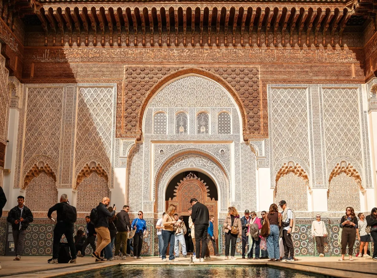 Visitors admiring intricate heritage architecture